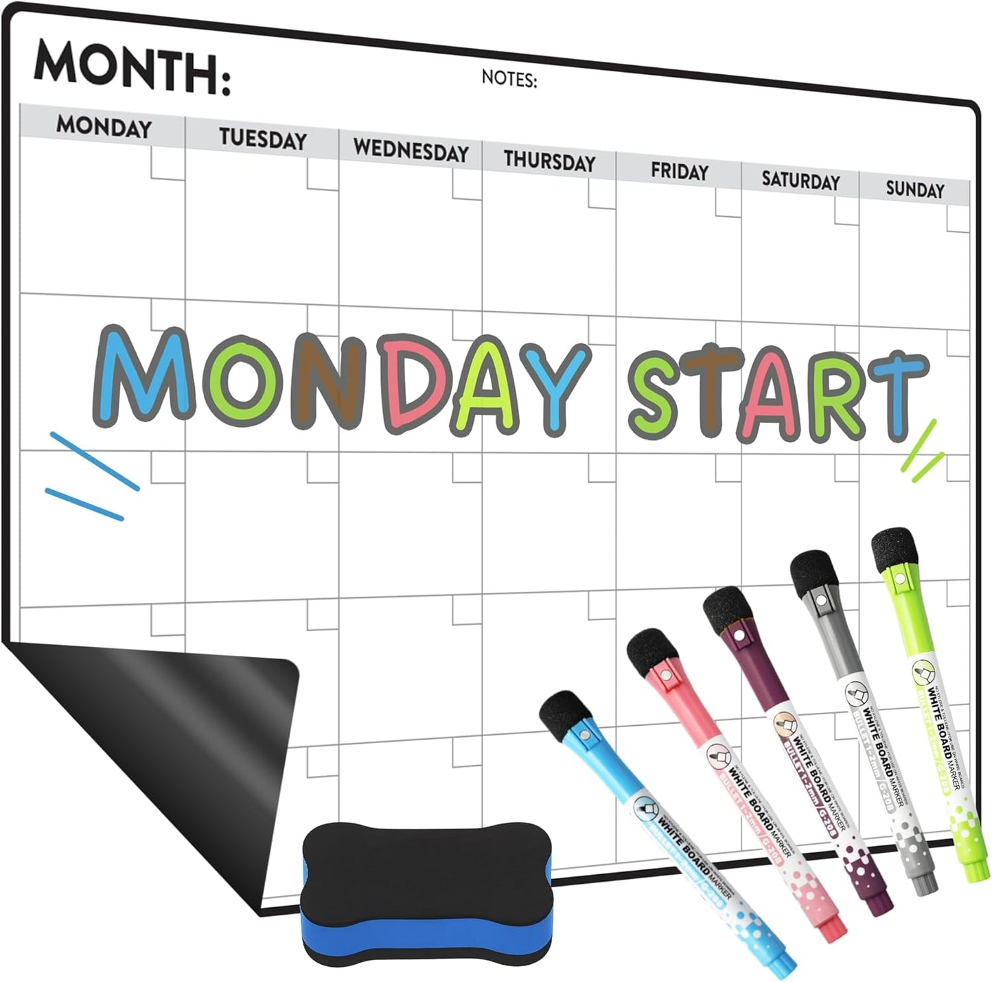 Magnetic Whiteboard for Fridge - Large Dry Erase Calendar for Wall | 2 Magnetic Dry Erase Board 10.5" x 16.5" & 7" x 16.5", Monthly Goal Setting & Habit Tracker, 5 Markers and 6 Adhesive Hooks
