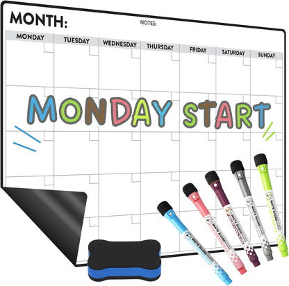 Magnetic Whiteboard for Fridge - Large Dry Erase Calendar for Wall | 2 Magnetic Dry Erase Board 10.5" x 16.5" & 7" x 16.5", Monthly Goal Setting & Habit Tracker, 5 Markers and 6 Adhesive Hooks
