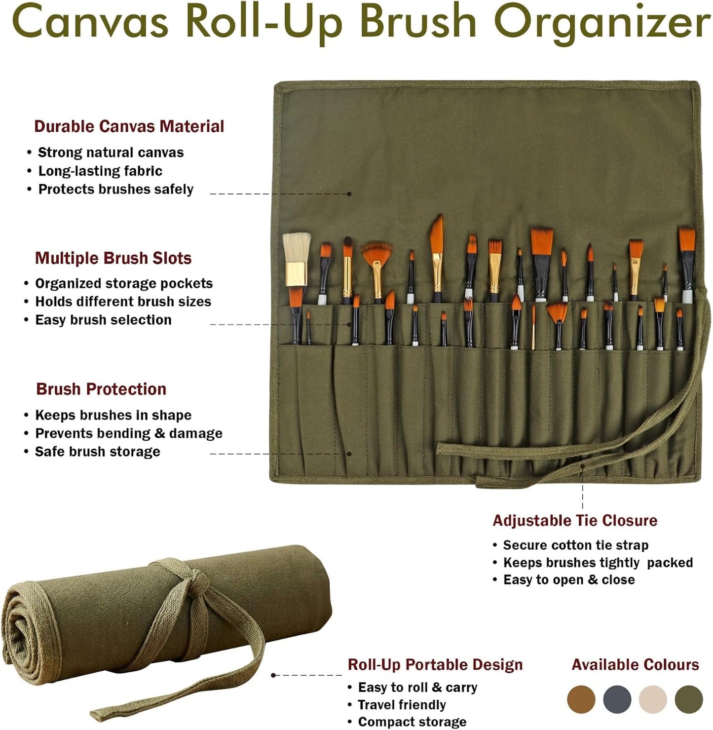Liquidraw 30 Pocket Canvas Paint Brush Holder - Natural | 21" x 18" | Roll Up Brush Storage Pouch | Ideal Case for Paintbrush & Art Tool Storage | Easy to Carry | Also Great for Storing Makeup Brushes