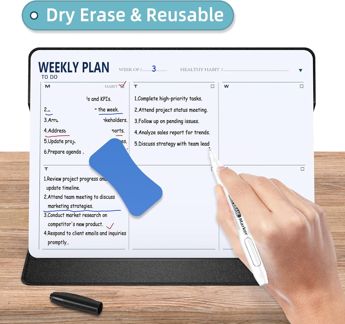 Magnetic Weekly Dry Erase Board,Portable Weekly Planner Whiteboard,Desktop Weekly Calendar White Board,to do List White Board 9.5"x7" Schedule Board Message Board for Office Home School (Black)
