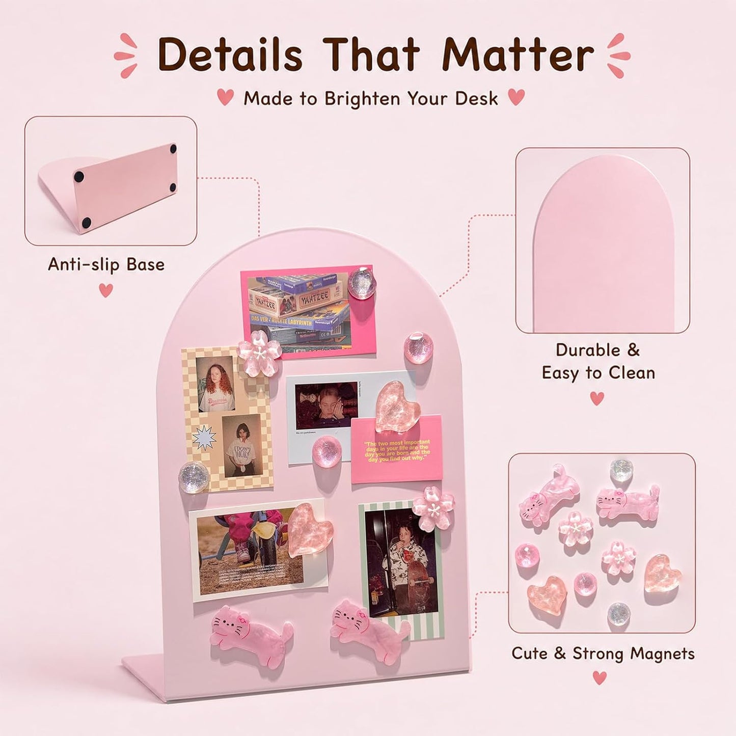 Pink Magnetic Board for Desk, 2 Pack 11×8 Inch Arch Metal Magnet Board with Stand, Memo & Photo Display, 10 Magnets Included, Desk Decor for Girls, Office & Dorm