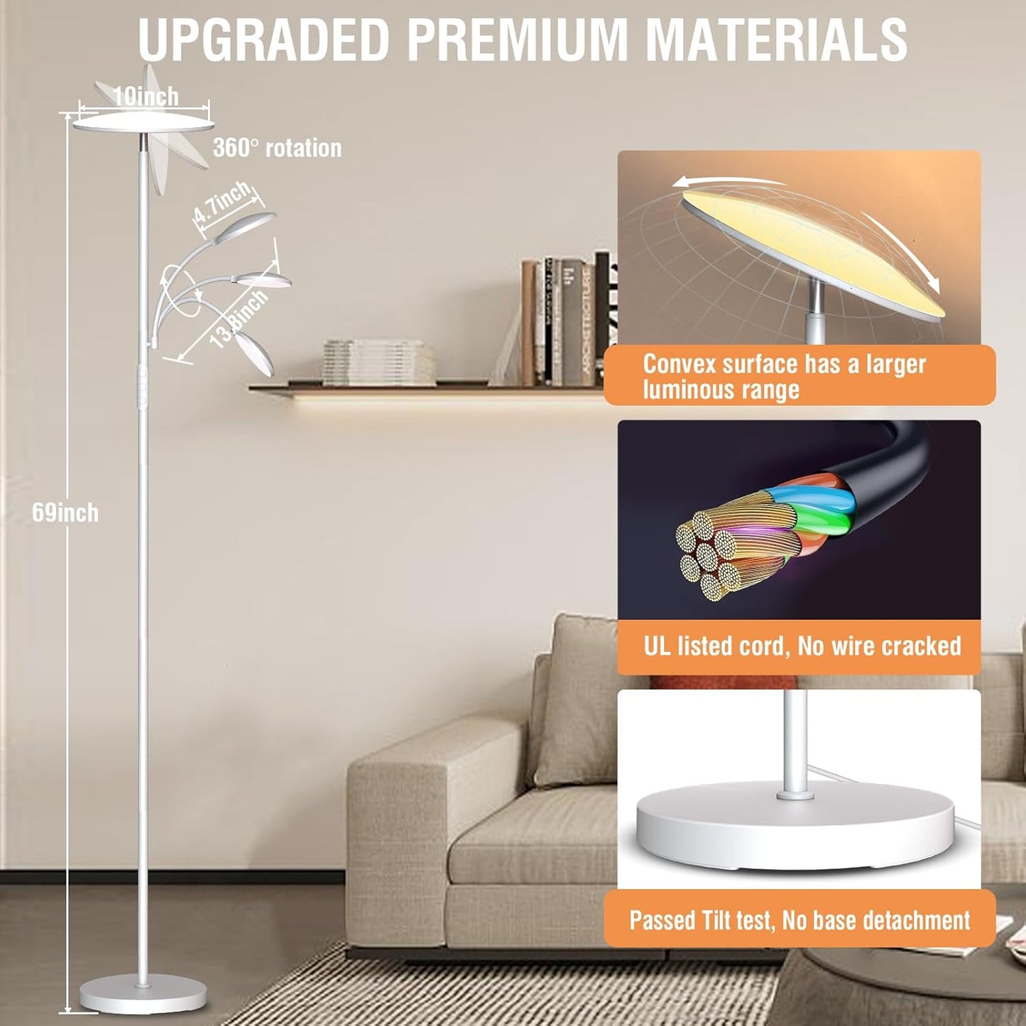 marctronic Floor Lamps for Living Room, 44W/4500LM Super Bright 2 in 1 LED Floor Lamp with Remote, Stepless Dimmable, 69" Tall Standing Floor Lamp with Bendable Reading Light for Bedroom Office