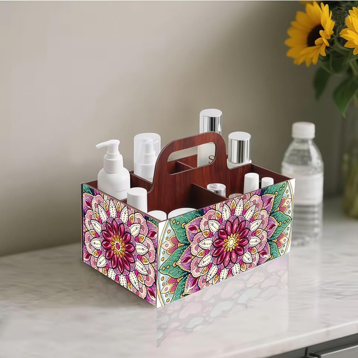 LSQFS DIY Diamond Painting Storage Box, Wooden Multi-Grid Organizer with Handle, Portable Desktop Caddy for Art Kits, Craft Tools, Makeup Brushes, Stationery Home Office
