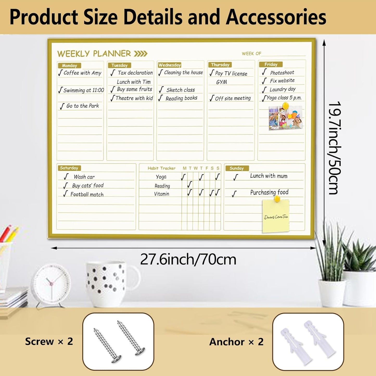 Gold Weekly Dry Erase Board for Wall,12"x16",Small Magnetic Dry Erase Weekly Calendar Board,Gold Metal Frame Weekly Planner Whiteboard for to Do List, Memo, School, Home, Office, Kitchen-GZ