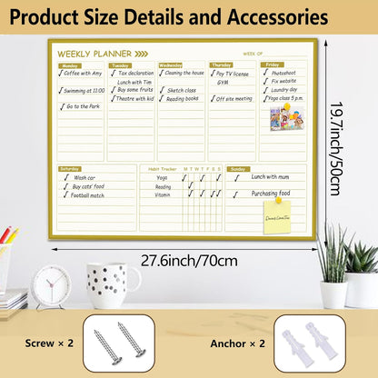 Gold Weekly Dry Erase Board for Wall,12"x16",Small Magnetic Dry Erase Weekly Calendar Board,Gold Metal Frame Weekly Planner Whiteboard for to Do List, Memo, School, Home, Office, Kitchen-GZ
