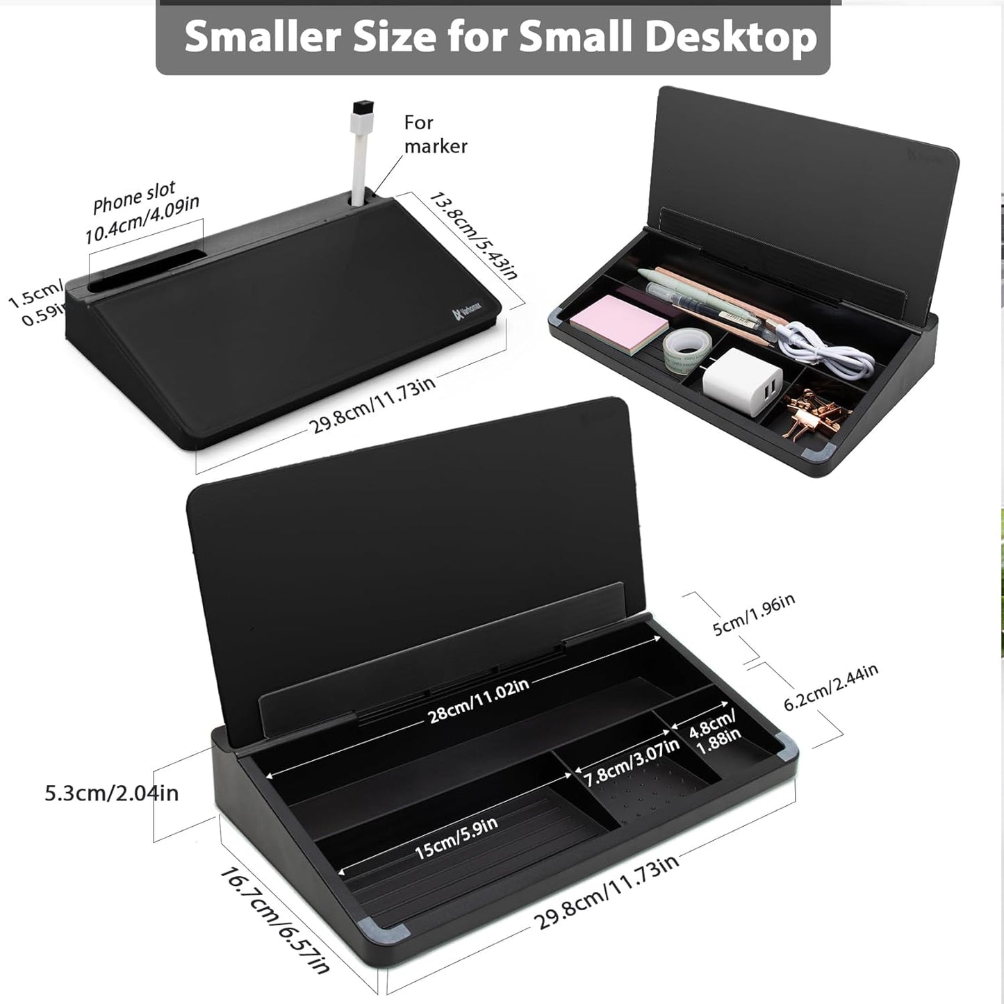 Varhomax Glass Desk Buddy Whiteboard with Storage, Small Dry Erase Desktop White Board Caddy to-do List Memo Notepad for Office, School and Home Office Supplies (Black)