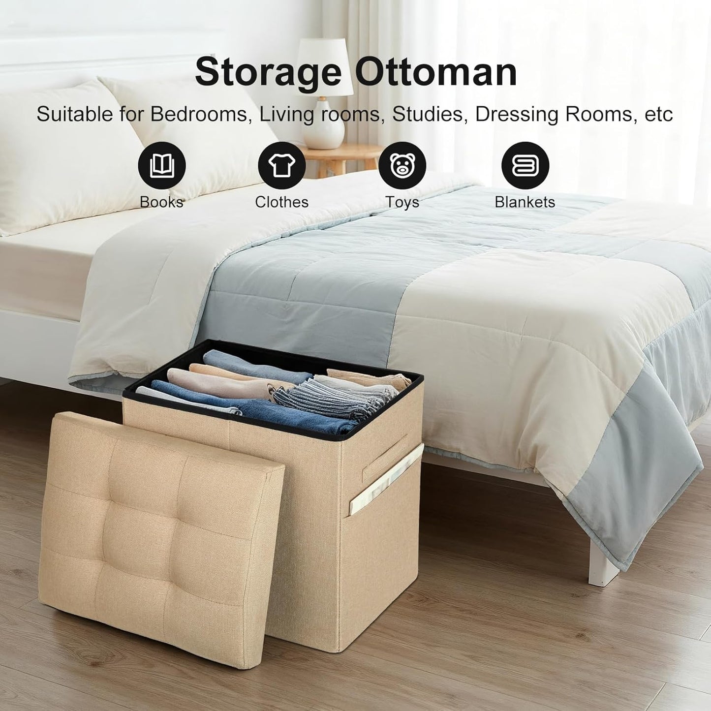 Storage Ottoman with Extra Thick Foam Padded Seat, Foldable Foot Rest Stool with Linen Fabric, 43L Ottoman with Storage Bench for Bedroom Living Room, Holds Up to 300lbs, 17x13x13in, Dark Gray