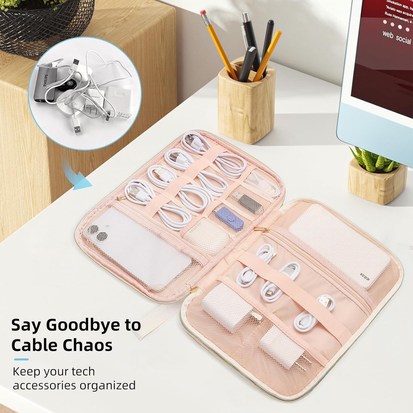 Electronics Organizer Travel Case, Charger Bag Cord Organizer Travel, Compact Tech Pouch Cable Organizer Bag for Charger, Cords, Phone, Headphones, Flash Drive, SD Card (Pink, Small-Double Layer)