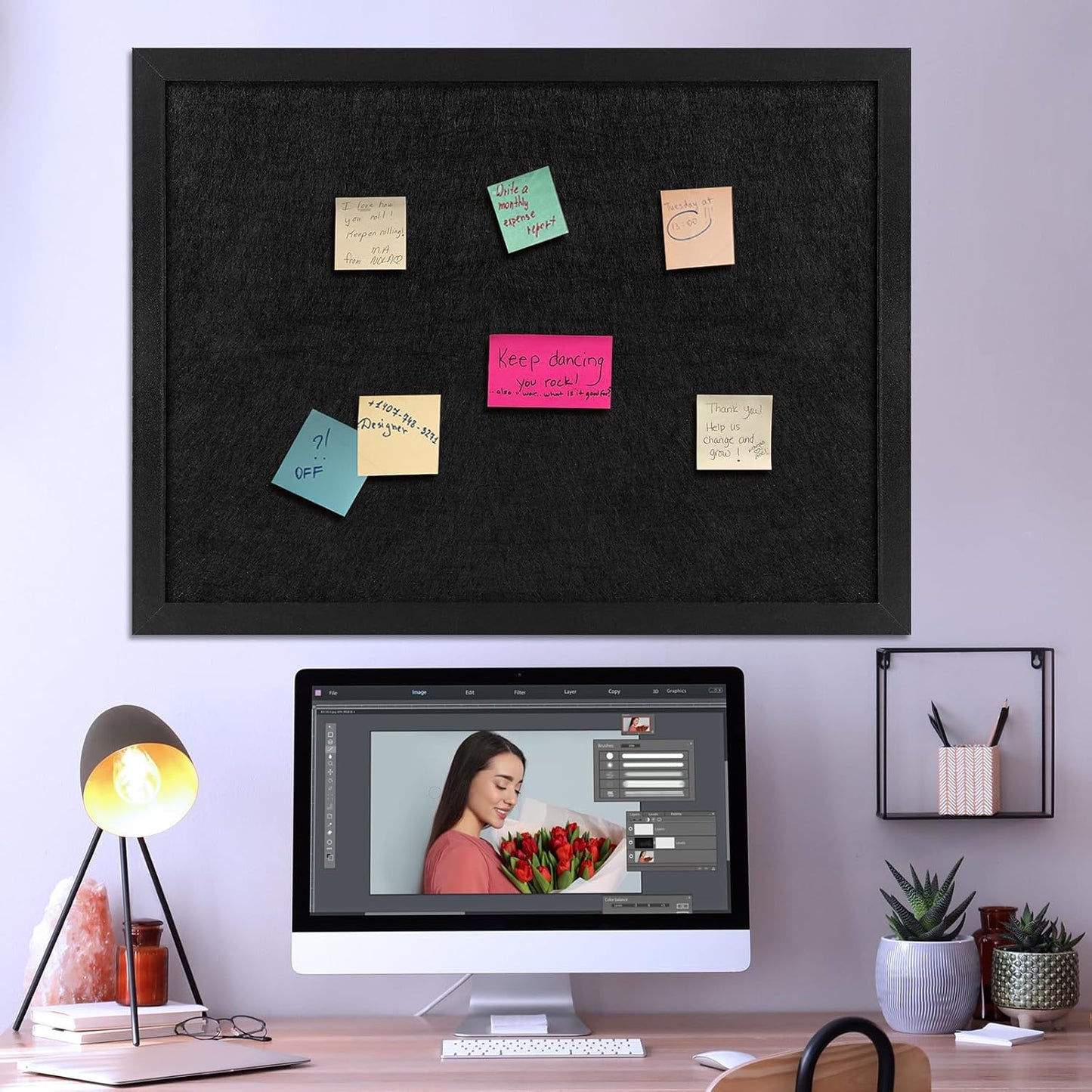 TORASO Cork Board Bulletin Board with Felt,Wood Framed Display Bulletin Board for Walls with Pins, Eye Bolts, gaskets, Screws, Pin Board for Office, School and Home(Black,1pc)