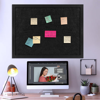 TORASO Cork Board Bulletin Board with Felt,Wood Framed Display Bulletin Board for Walls with Pins, Eye Bolts, gaskets, Screws, Pin Board for Office, School and Home(Black,1pc)