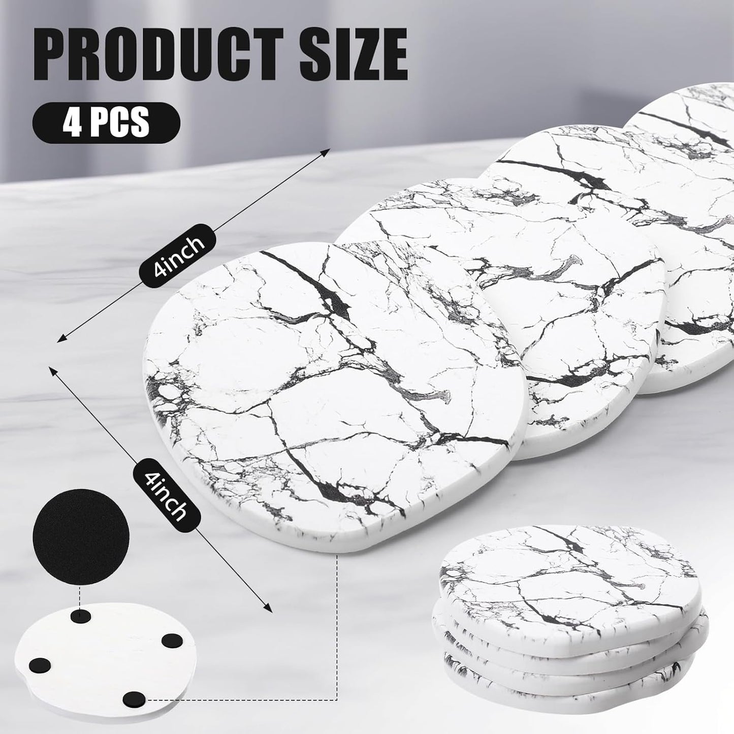 Diatomaceous Earth Coasters Set of 4，Cool Absorbent Quick-Dry Drink Coasters for Desks, Cute Modern Stone Design with Stylish White Aesthetic (4, White)