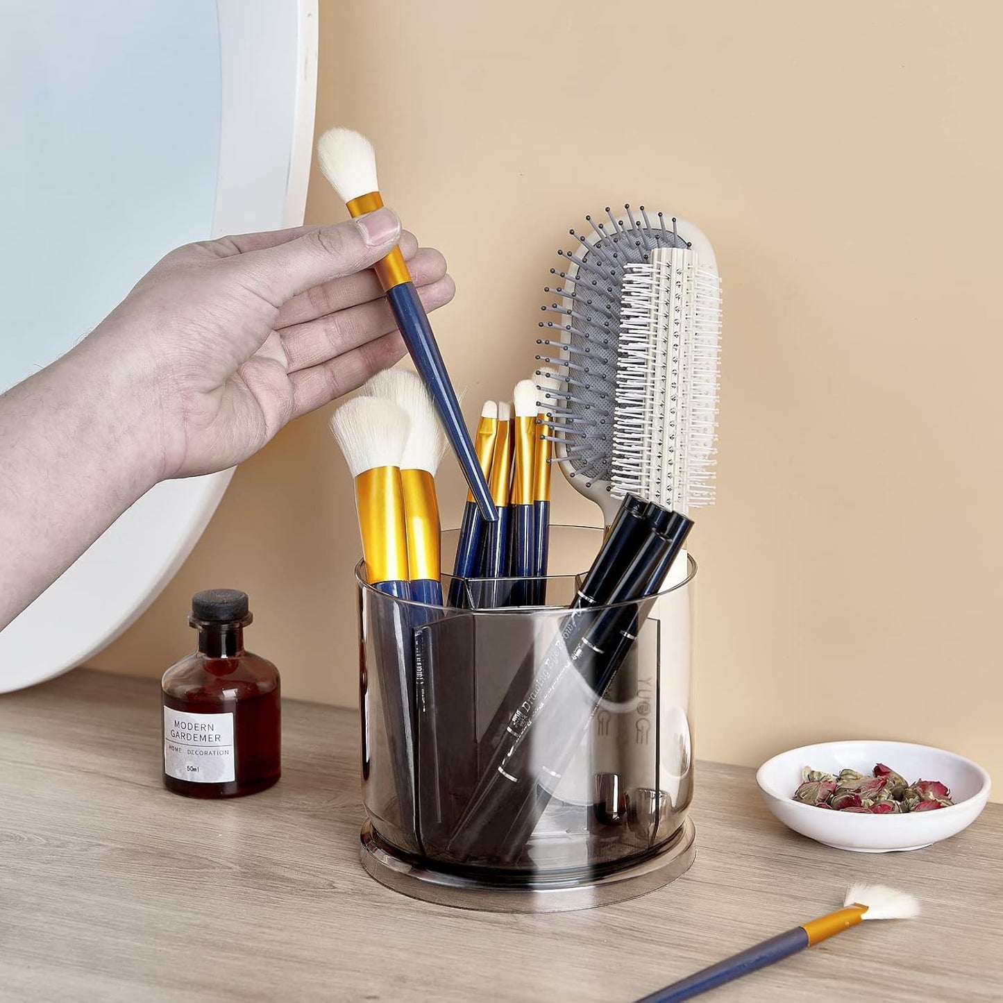 Makeup Brush Holder Organizer -Rotating 360° Clear Storage Cup Containers for Vanity, Desk, Countertop, Spinning Pen Holder for Desk, Round Make up Brush Stand with 5 Slots, for Cosmestics (Clear)