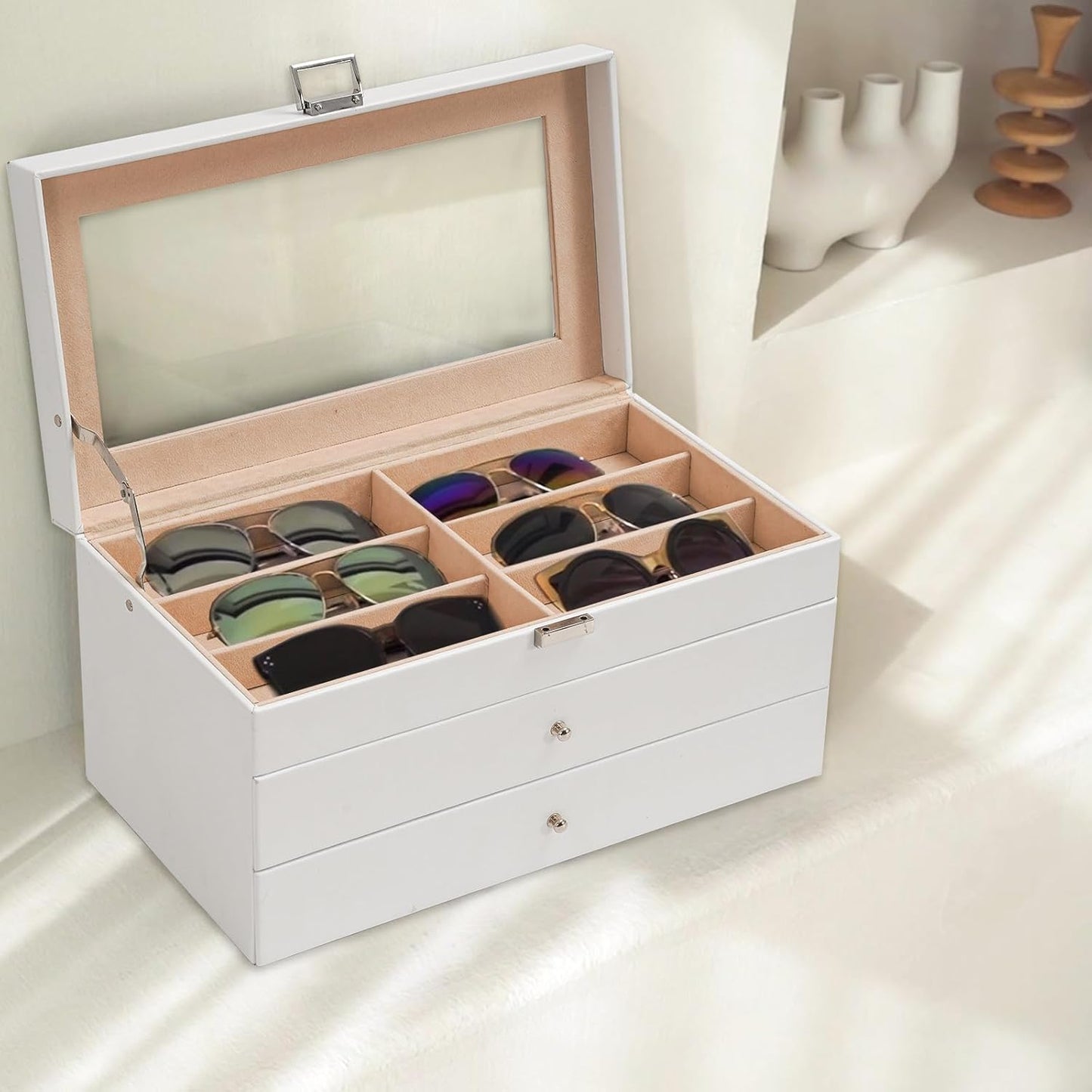 ProCase 3-layer Sunglasses Storage Organizer, 18 Slots Leather Sunglass Box Multiple Pairs Eyeglass Cases Eye Glass Eyewear Display Holder for Men Women, Valentine's Day Gift -Black