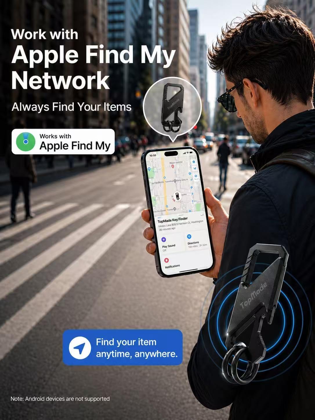 Keychain, Works with Apple Find My, Heavy Duty Key Chains Carabiner Bottle Opener, Car Key Finder with GPS Tracker, Rechargeable Bluetooth Key FinderTracker for Luggage, Bags, Backpack etc, Black