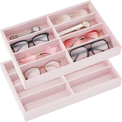 Amylove 2 Pcs Sunglass Organizer Trays Glasses Stackable Jewelry Trays Sunglass Organizer Display Box(8 Grids,Beige)