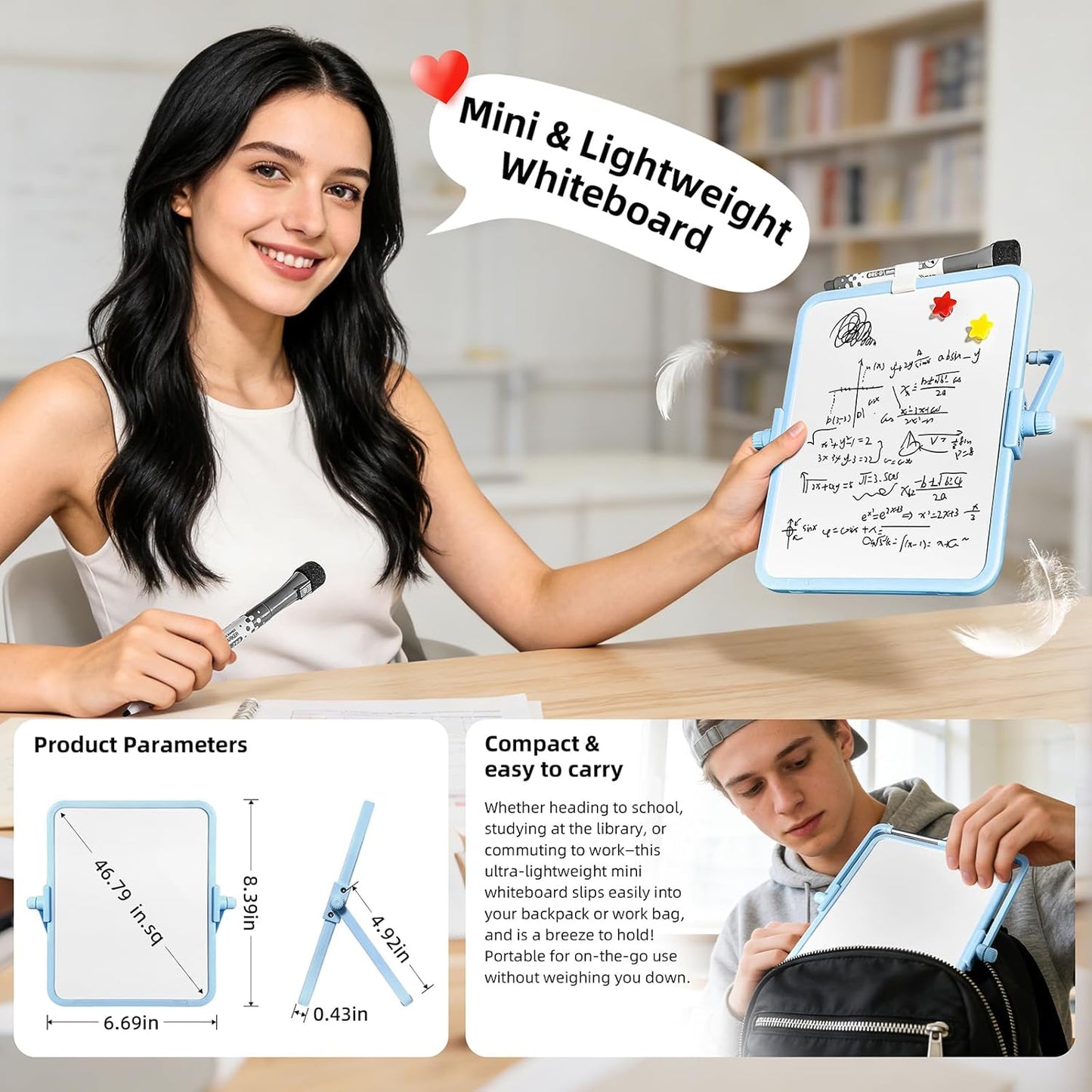 Colorful Dry Erase White Board 8.3x11in, Magnetic Desktop Board with Stand, 2 Markers (Eraser Head), 4 Magnets - Double-Sided Easel for Daily Planning, Memo, Office/Home/School (Blue)