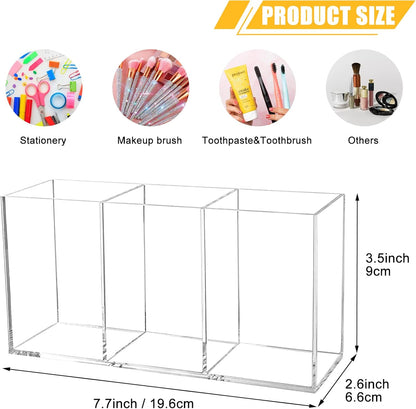 Cerpourt Black Makeup Brush Organizer,Acrylic Cosmetic Brushes Storage Holder with 3 Slots,Pencil Pen Holder for Desk,Desk Organizer and Accessories for Vanity