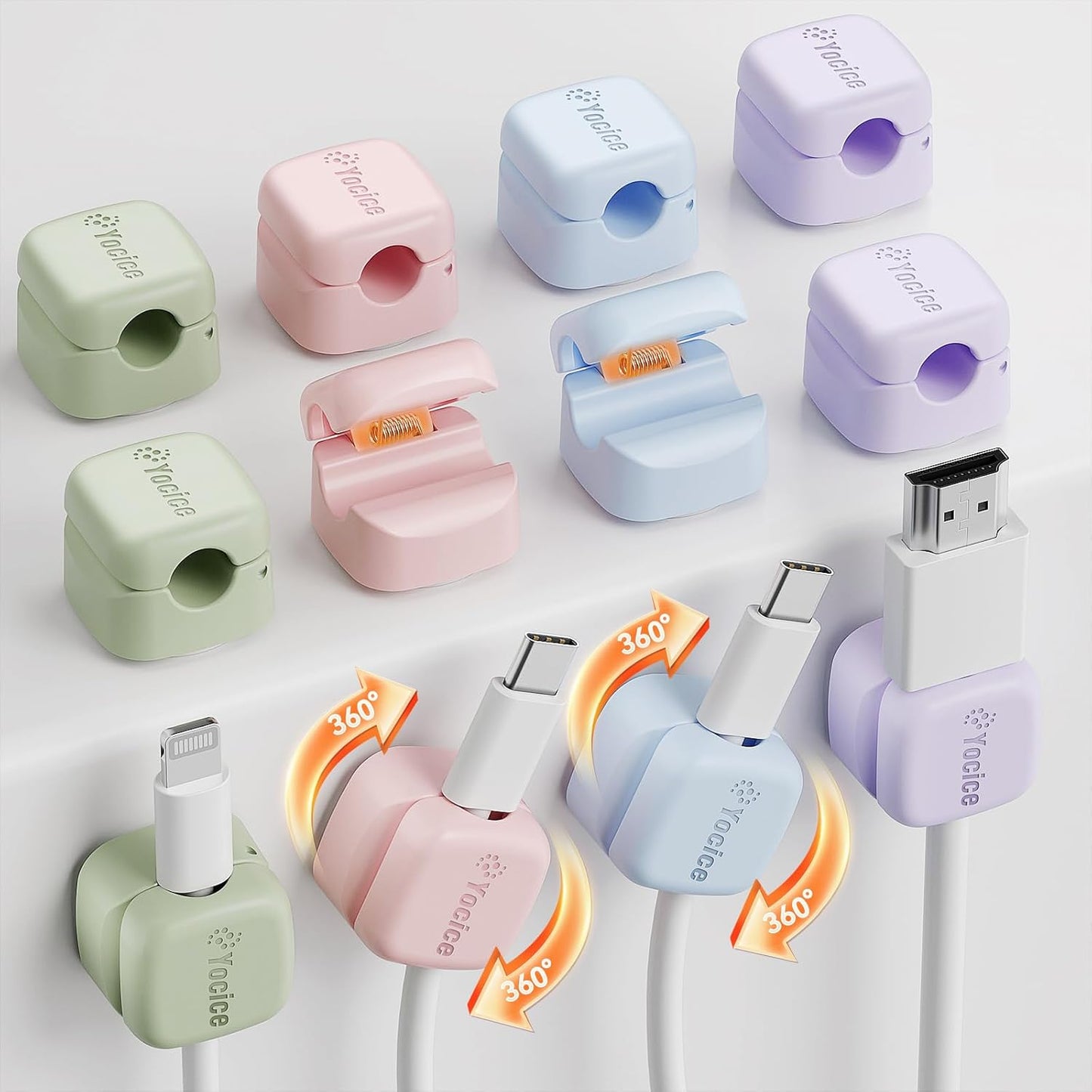 12Pack Rotatable Cord Organizer,Spring Cable Clips Desk Cable Management Cord Holder Adhesive Phone Charger Cord Clips for Home Office Car Wall Nightstand Accessories, Clear