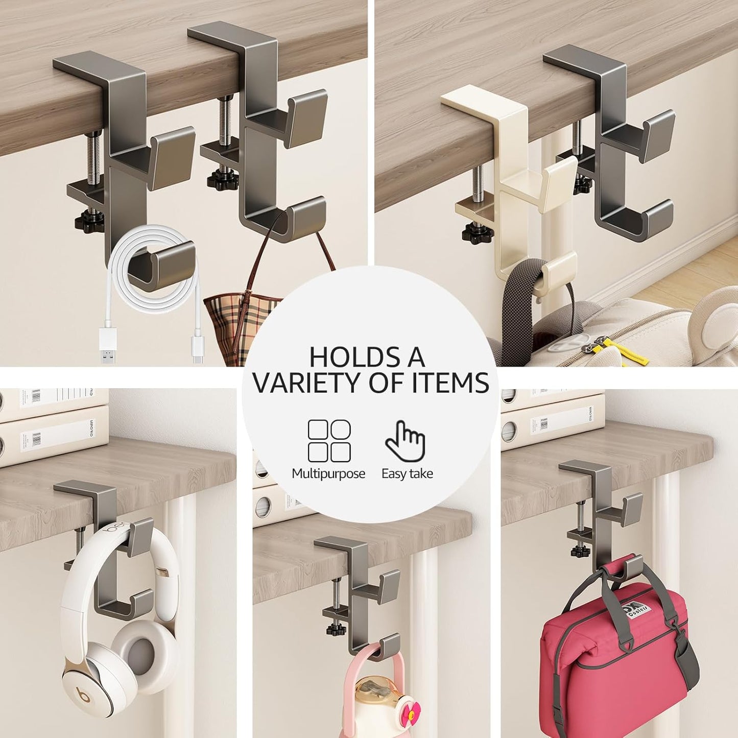 Desk Bag Hook, Purse Hook for Table, Aluminum Under Desk Handbag Hanger, Desk Mount Backpack Holder, Umbrellas,Headphone Holder - Cream