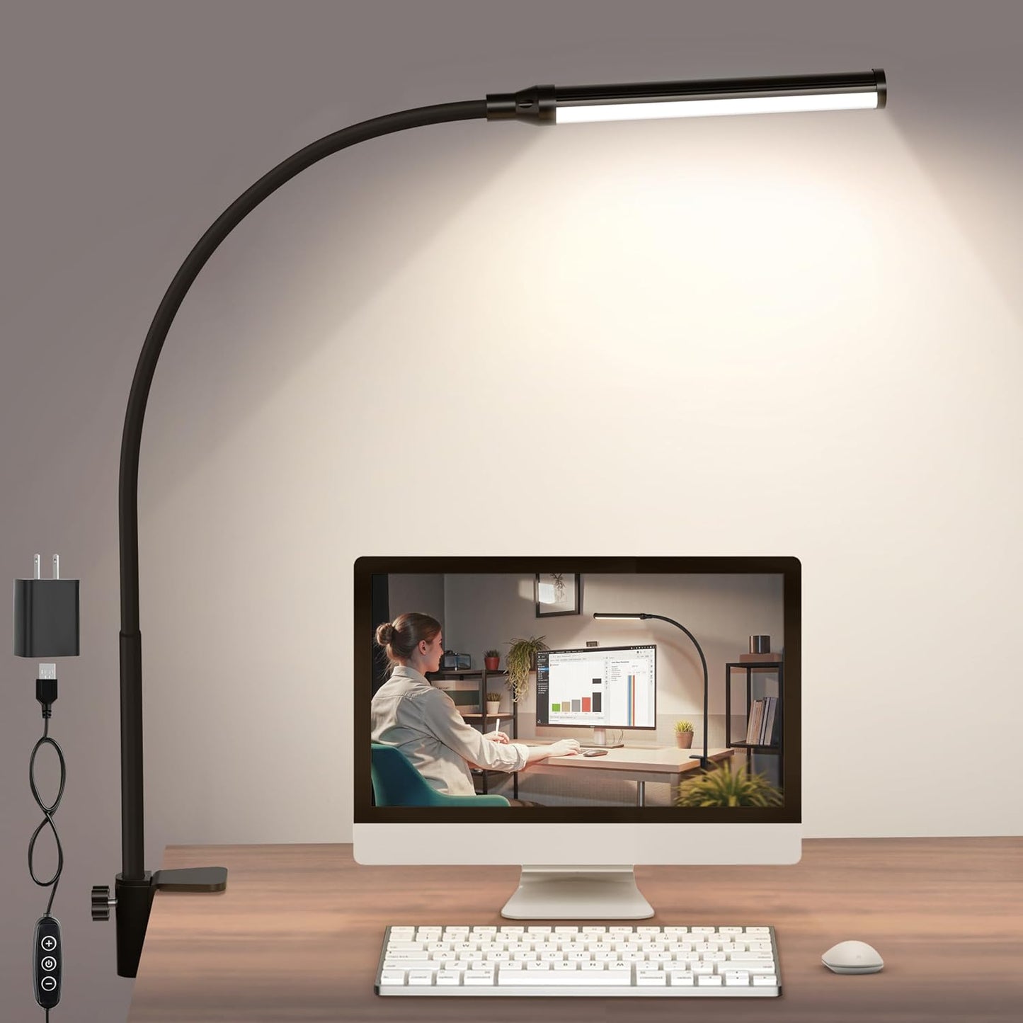 ShineTech LED Desk Lamp with Clamp, Eye-Caring Clip on Desk Light with 3 Color Modes & Stepless Dimming, 360° Flexible Gooseneck Desk Lamp for Home Office College Dorm with USB Adapter