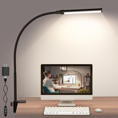 ShineTech LED Desk Lamp with Clamp, Eye-Caring Clip on Desk Light with 3 Color Modes & Stepless Dimming, 360° Flexible Gooseneck Desk Lamp for Home Office College Dorm with USB Adapter