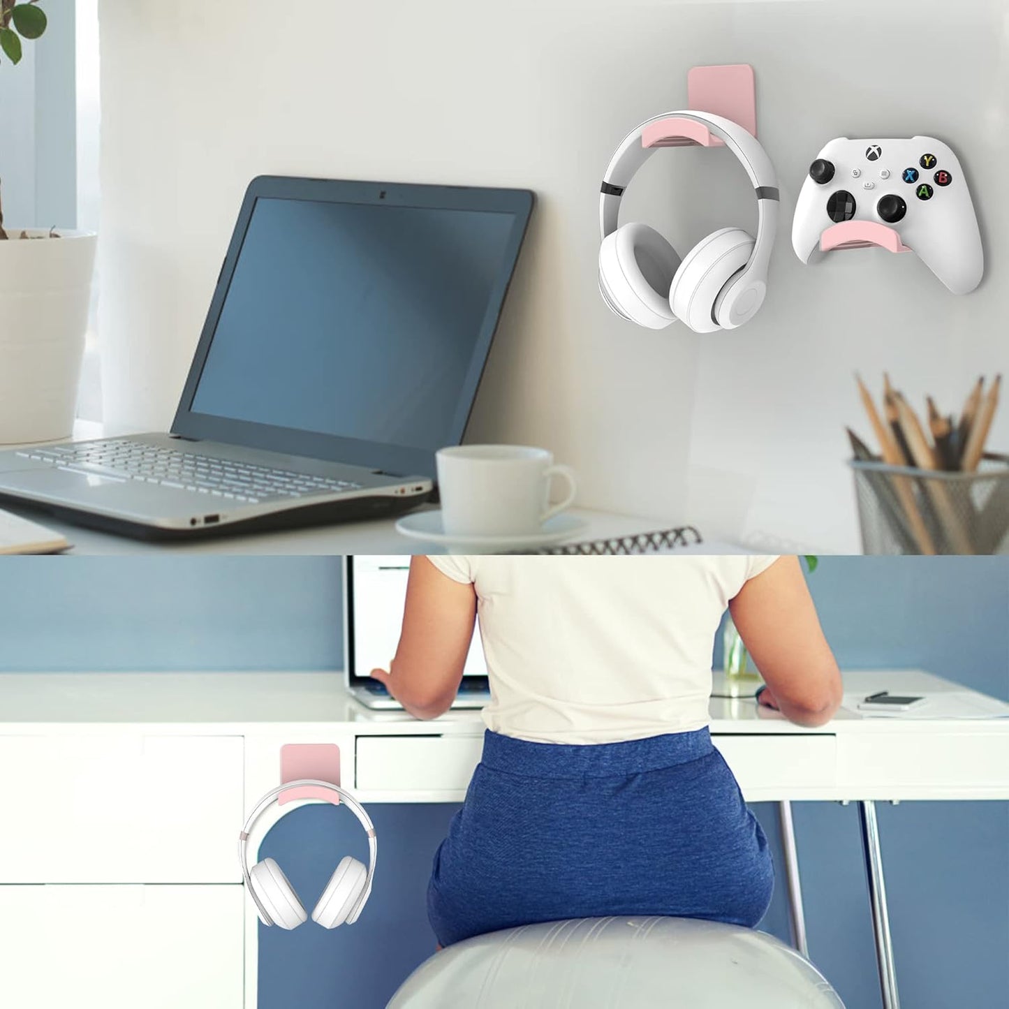 HomeMount Headphone Stand Headset Holder - Adhesive Gaming Headphone Hanger Hook Desk Mount for Most Headphone & Controller (White)