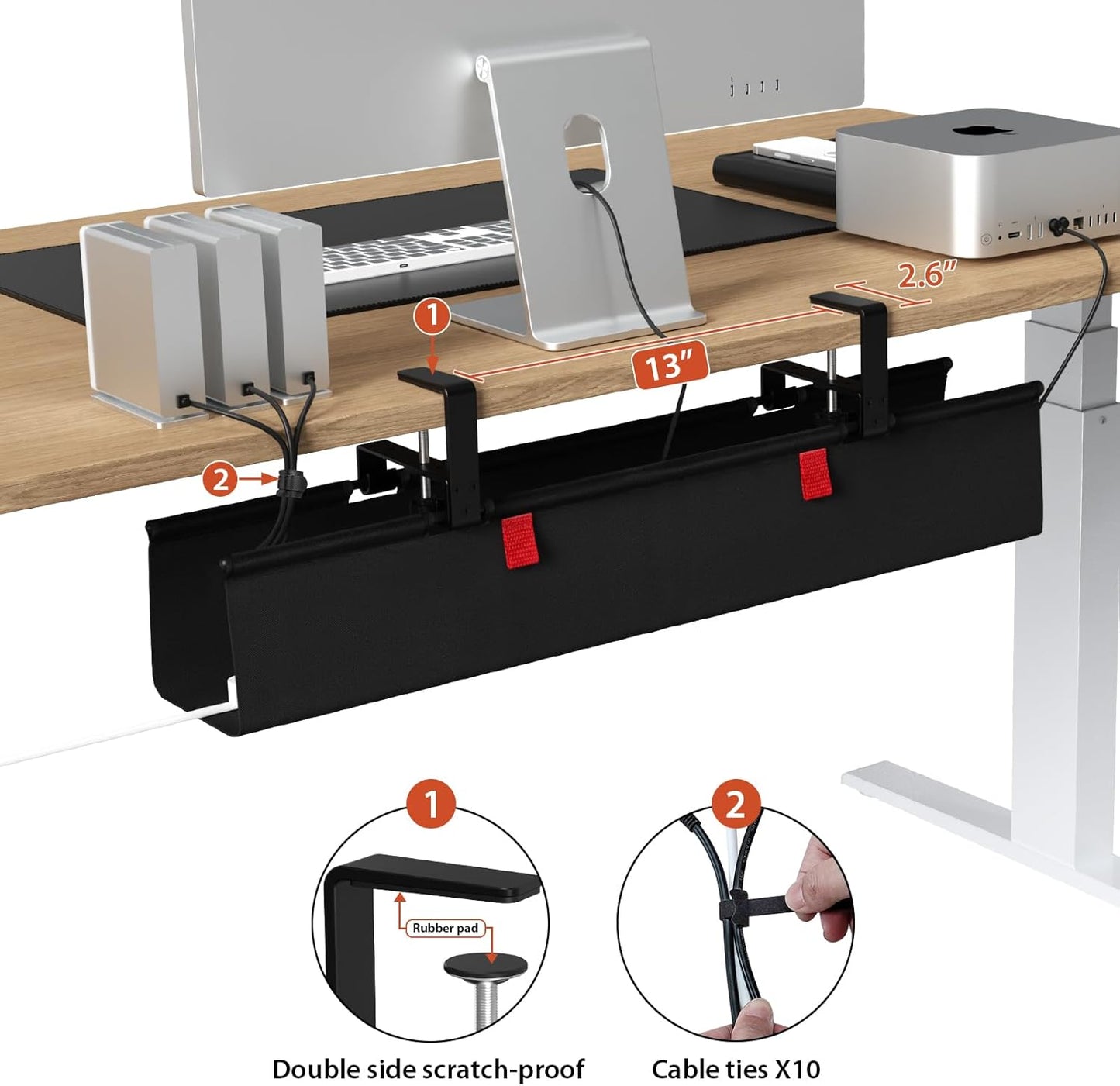 Univivi No Drill Under Desk Cable Management Tray, 36" Cord Organizer for Table, Clamp/Screw Mount Desk Cable Management, Premium Fabric Cable Management Tray for Office, Home