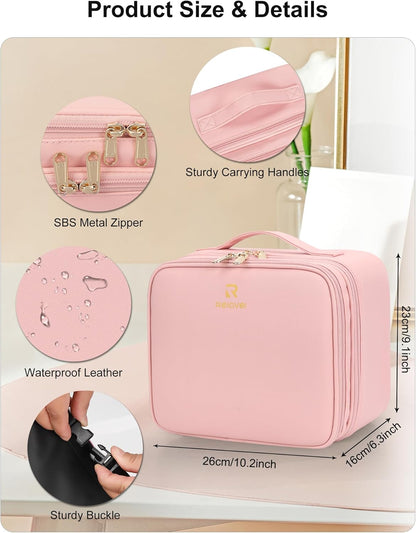 Relavel Travel Makeup Bag With LED Mirror, Cosmetic Train Case with Light up Mirror, Portable Makeup Artist Organizer Bag with Adjustable Dividers, Makeup Brush Holder Storage, Black
