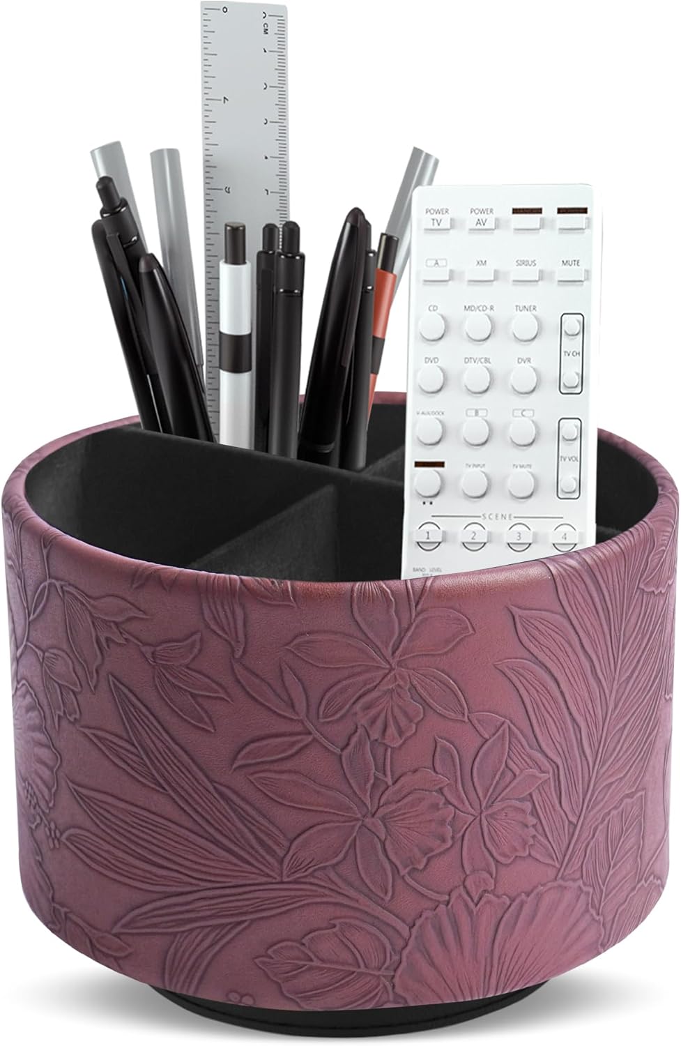 Round Leather Art Supply Organizer,Remote Control Holder,360 Degree Rotating,Multi-Functional Pencil Holder,4 Compartments Desktop Stationary Organizer(1-Fractal Flower) | Round - Colors B
