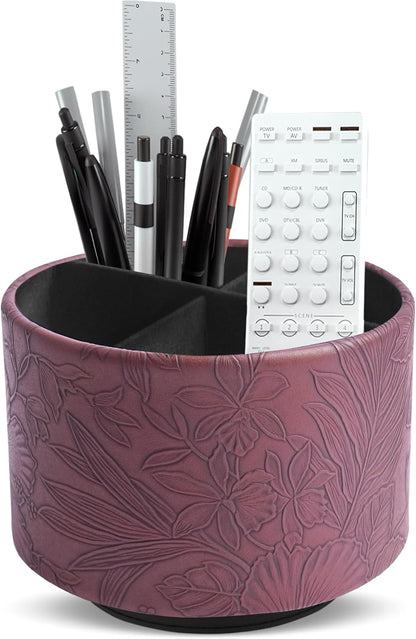 Round Leather Art Supply Organizer,Remote Control Holder,360 Degree Rotating,Multi-Functional Pencil Holder,4 Compartments Desktop Stationary Organizer(1-Fractal Flower) | Round - Colors B