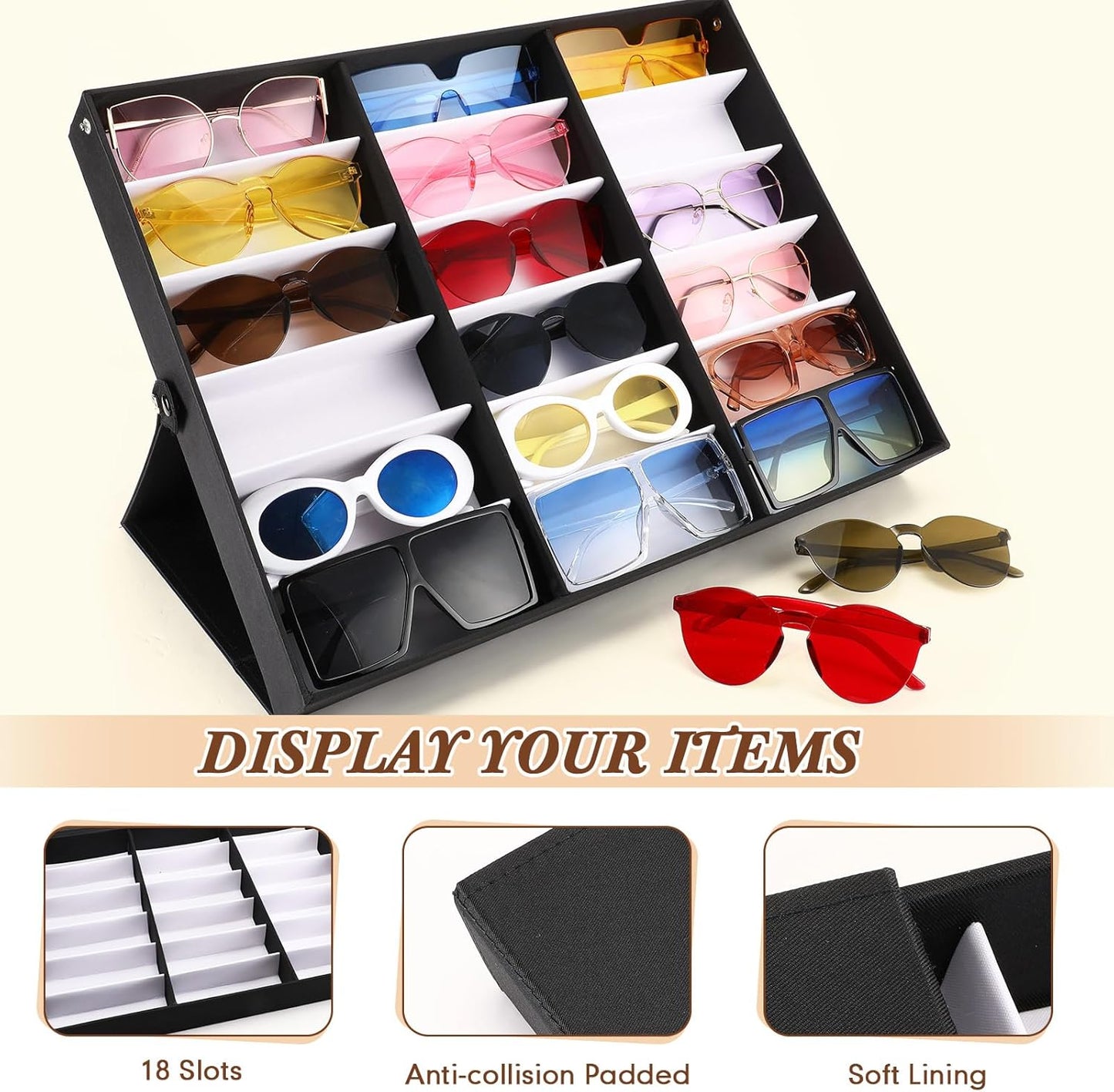 Soaoo 3 Pcs 18 Slot Sunglasses Organizer Storage Holder Eyeglasses Display Case Tray with Stand Fabric Lined Jewelry Storage Box