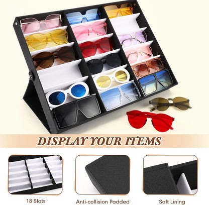 Soaoo 3 Pcs 18 Slot Sunglasses Organizer Storage Holder Eyeglasses Display Case Tray with Stand Fabric Lined Jewelry Storage Box
