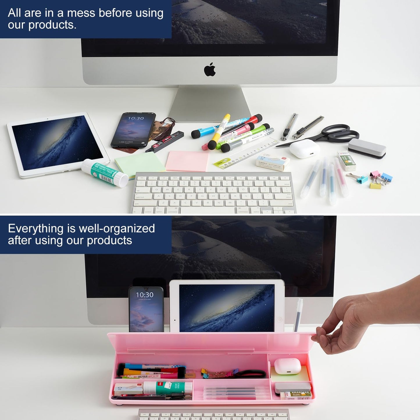 TSJ OFFICE Small Desktop Whiteboard -Glass Dry Erase Board Computer Keyboard Stand White Board Surface Pad with Drawer, Desk Organizers with Accessories for Office, Home, School Supplies - White
