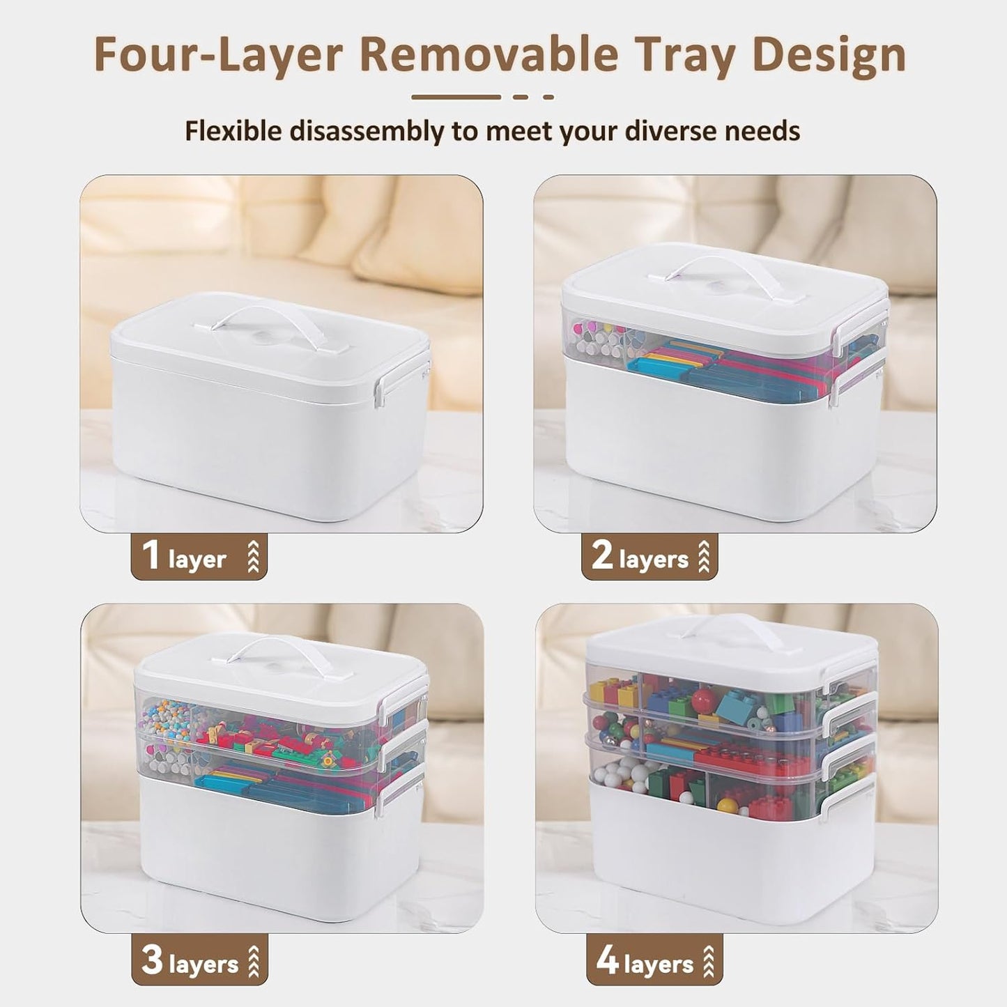 3-Layer Plastic Craft Organizers and Storage Box with Removable Trays, Storage Containers with lids and Handle, Art Supply Storage Organizer for Bead, Ornament, Nail Polish, Tape（10.62"x9"x7.67"）