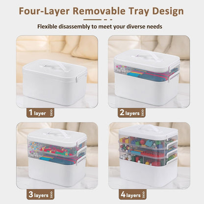 3-Layer Plastic Craft Organizers and Storage Box with Removable Trays, Storage Containers with lids and Handle, Art Supply Storage Organizer for Bead, Ornament, Nail Polish, Tape（10.62"x9"x7.67"）