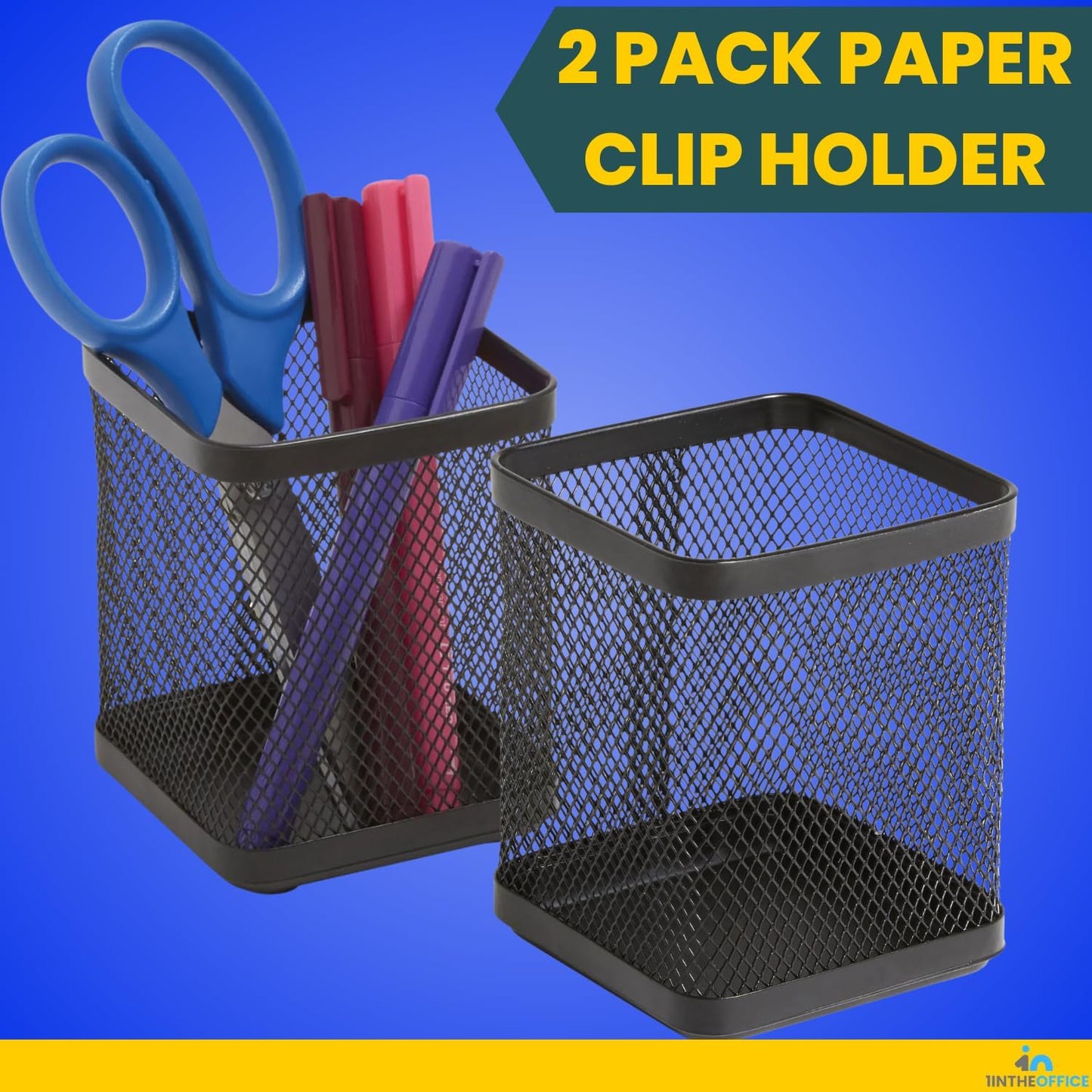 1InTheOffice Pen Cup Holder, Metal Mesh Pencil Cup Holder, Stackable Wire Mesh Regular Pencil Holder, Matte Black 2 Pack