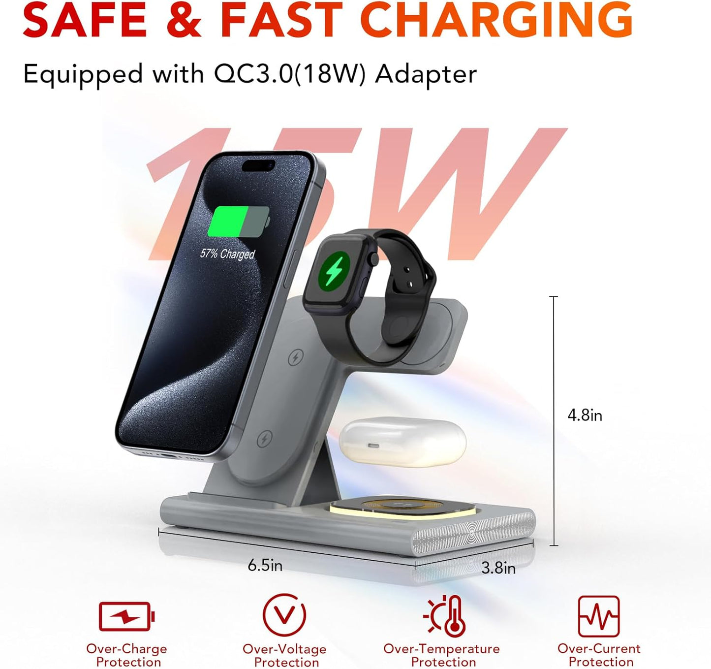 3 in 1 Foldable Charging Station for Apple Products,Wireless Charger for iPhone 17 16 15 14 13 12 Pro Max,Travel Dock Adapter&Light for iWatch Series 11 10 9 Ultra 3/2 SE 3/2,for AirPods 4 3 2 Pro 3/2