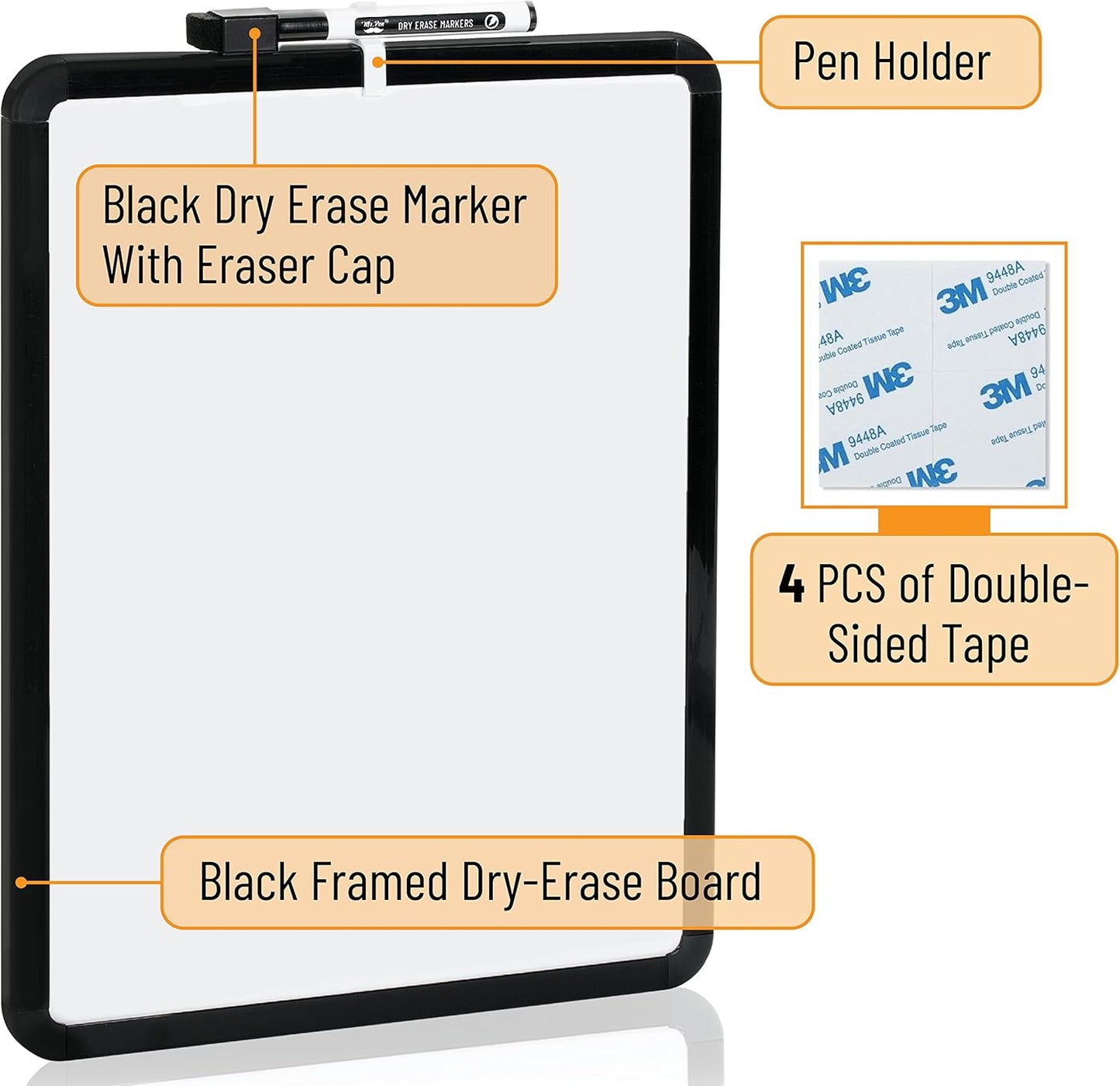 Mr. Pen- Dry Erase Board, 14” x 11” with a Black Dry Erase Marker, White Frame, Small Mini White Board for Students, Fridge, Wall, Locker, Includes Double Sided Tapes