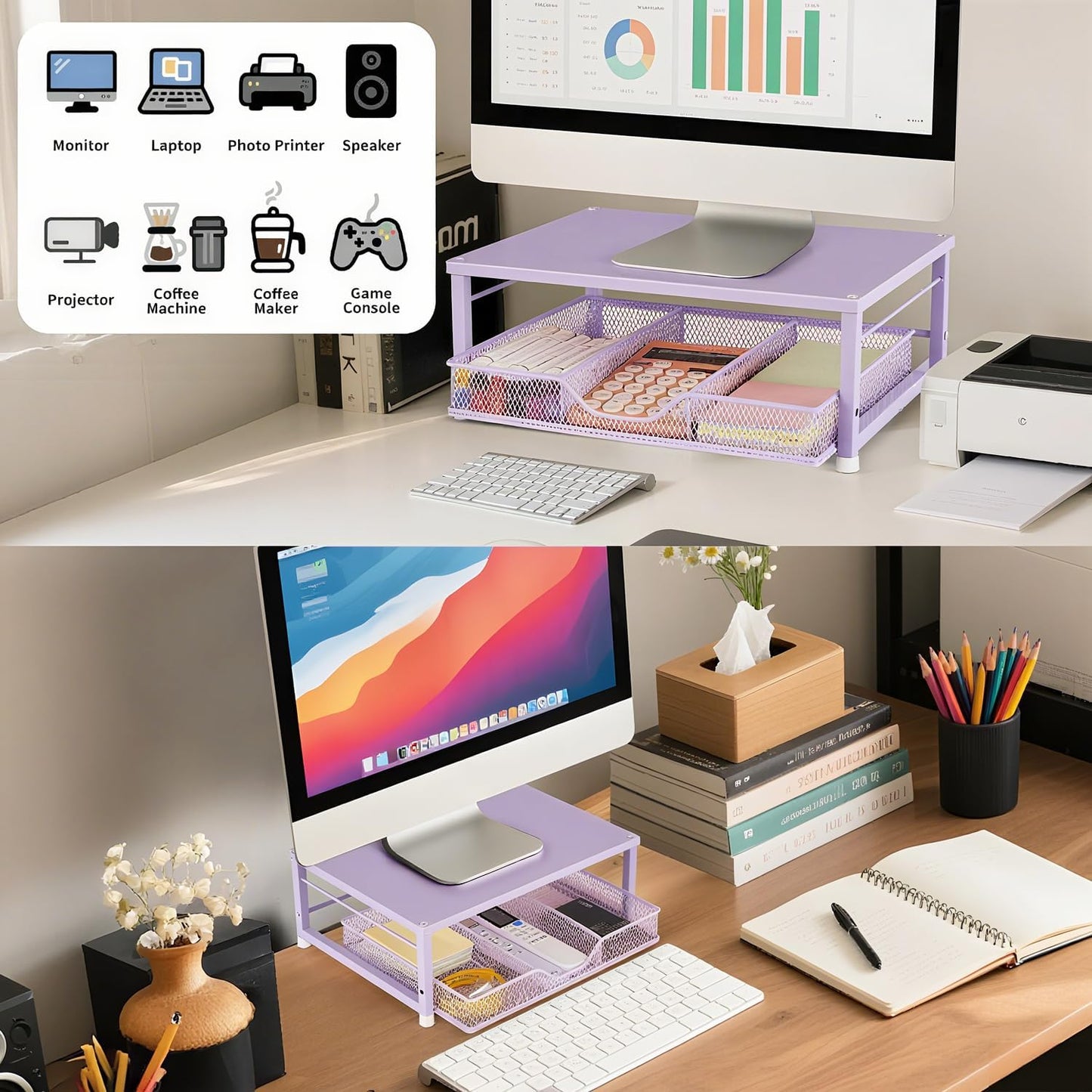 Wood Metal Monitor Stand Riser, Laptop Stand for Desk, Office Desk Organizer and Accessories, Computer Desktop Shelf with Drawer and Pen Holder, Printer Stand for Home, Office, Dorm (Natural Wood)