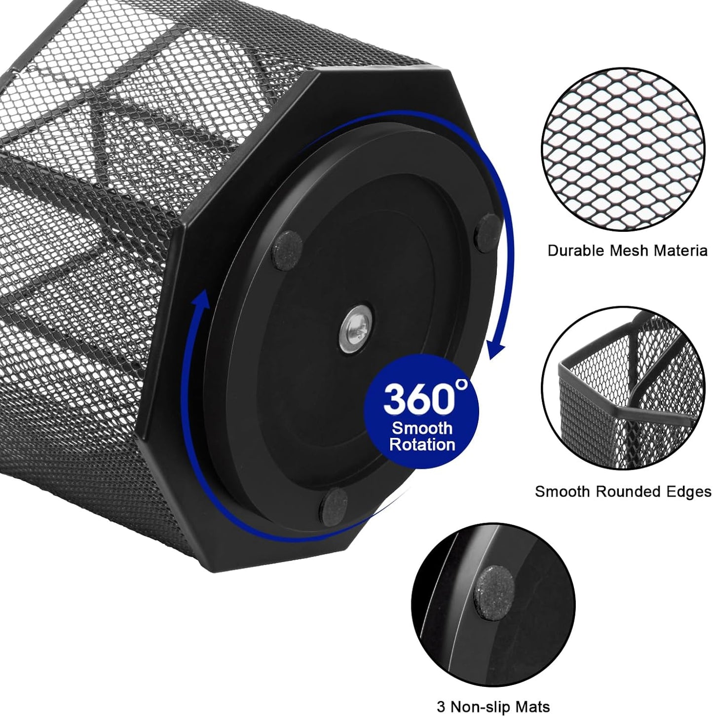 Comix 360° Rotating Pen Holder for Desk, 5 Compartments Office Desk Organizer, Black Mesh Metal Pencil Holder Cup for Office Home School