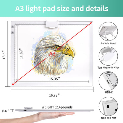 Rechargeable A4 Light Pad - Stepless Dimmable 6 Levels Brightness Tracing Light Box, Diamond Painting Light Board with Top Clip, Battery Powered Portable Light Pad for Weeding Vinyl Tracing