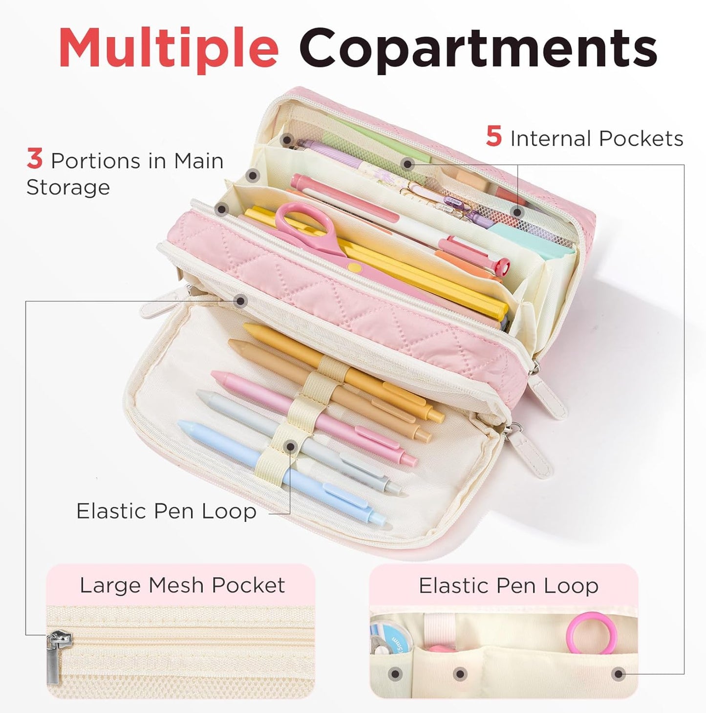 Sooez Large Pencil Case Pouch, Extra Big Pencil Bag with 8 Compartments, Pen Bag Wide Opening, Soft Quilted Pencil Pouch Organizer with Zipper, Portable Pencil Case for Teen Girls, Pink