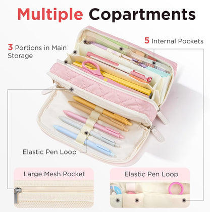 Sooez Large Pencil Case Pouch, Extra Big Pencil Bag with 8 Compartments, Pen Bag Wide Opening, Soft Quilted Pencil Pouch Organizer with Zipper, Portable Pencil Case for Teen Girls, Pink