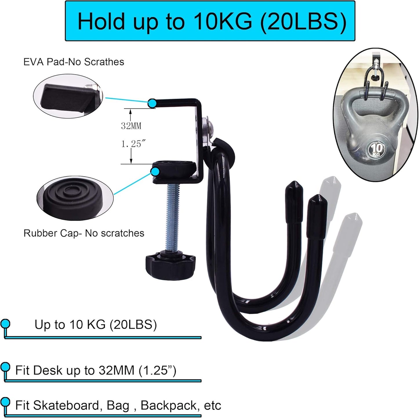 YYST Desk Mount Clamp-On Bag Holder Hook Backpack Hanger Portable for Backpack, Handbag, Purse, Laptop Bag, Tote Bag, Messenger Bag,Table Desk, Under Counter (20 lb. Capacity) (1)