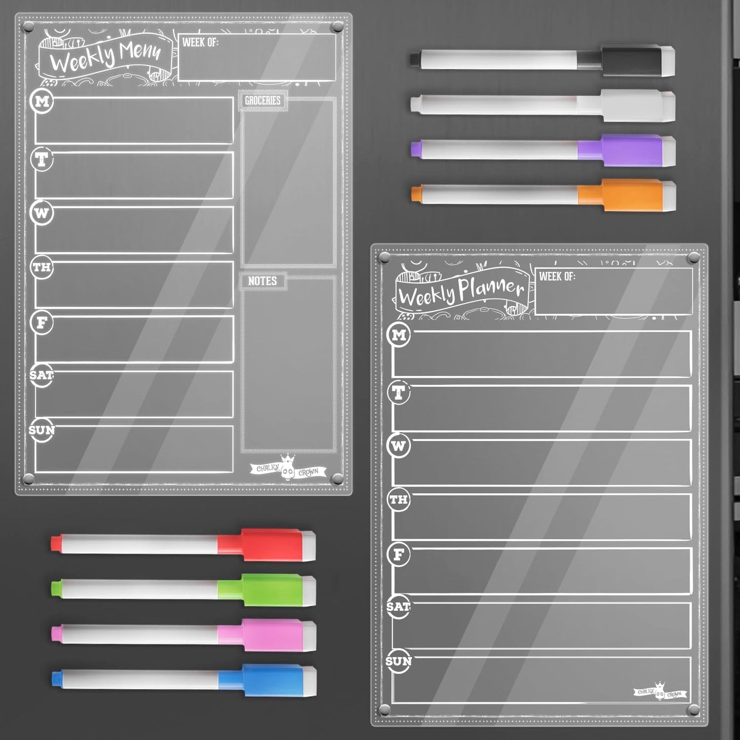 CHALKY CROWN Magnetic Dry Erase Menu Board for Fridge Includes 4 Liquid Chalk Markers - Weekly Meal Planner Blackboard, Grocery List & Notepad for Kitchen Refrigerator - Chalkboard Magnet 15.6" x11.6