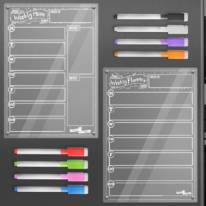 CHALKY CROWN Magnetic Dry Erase Menu Board for Fridge Includes 4 Liquid Chalk Markers - Weekly Meal Planner Blackboard, Grocery List & Notepad for Kitchen Refrigerator - Chalkboard Magnet 15.6" x11.6