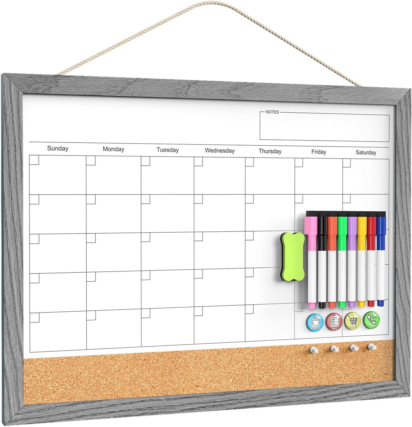 Calendar Whiteboard for Wall, TANKEE 17x13 Inches Whiteboard Calendar Cork Board Combo, Small Magnetic White Board with Wood Framed, Hanging Dry Erase Board for Kitchen Home Office School Planner