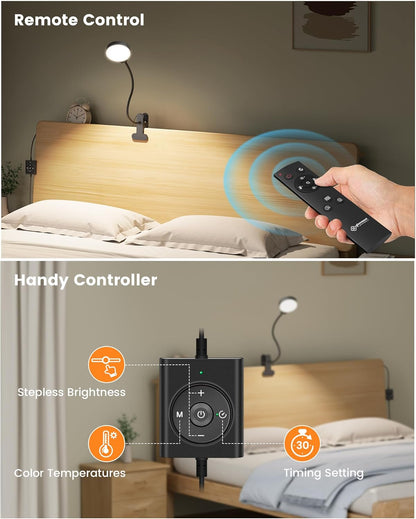 Glocusent 5W Clip on Light, 36LED Eye Caring Reading Light for Bed, 3 Colors & 5 Brightness Clip on Lamp with Adapter, Perfect Reading Light for Bed with Clamp/Bunk Bed/Headboard/Table/Desk