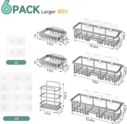 Veken Shower Caddy 6-Pack, Advanced Rustproof Design, No Drilling Adhesive Shelves, Rack with Soap Holder, Large Capacity Bathroom Organizers and Storage, Wall-Mounted Kitchen & Home Decor