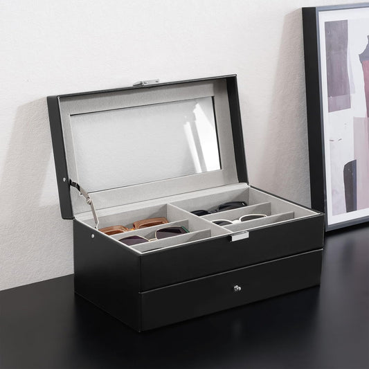 ProCase 3-layer Sunglasses Storage Organizer, 18 Slots Leather Sunglass Box Multiple Pairs Eyeglass Cases Eye Glass Eyewear Display Holder for Men Women, Valentine's Day Gift -Black